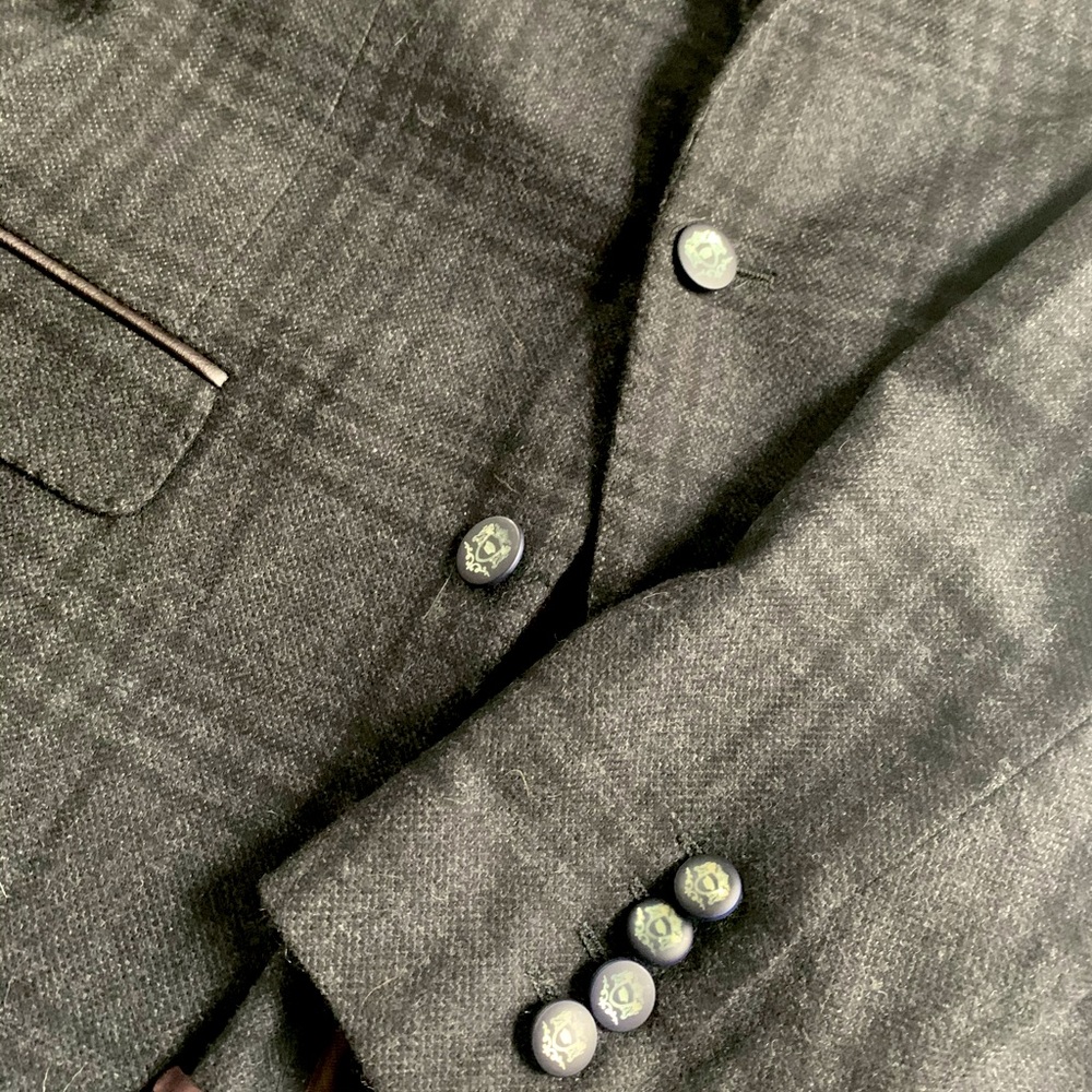 Charcoal plaid check Zara jacket.  Slim unlined